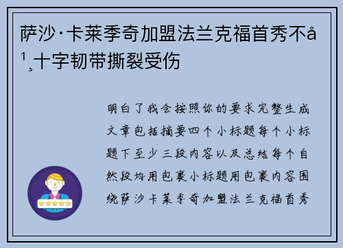 萨沙·卡莱季奇加盟法兰克福首秀不幸十字韧带撕裂受伤 萨沙·卡莱季奇加盟法兰克福首秀不幸十字韧带撕裂受伤