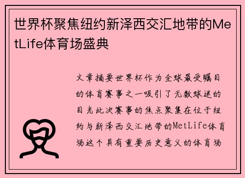 世界杯聚焦纽约新泽西交汇地带的MetLife体育场盛典 世界杯聚焦纽约新泽西交汇地带的MetLife体育场盛典