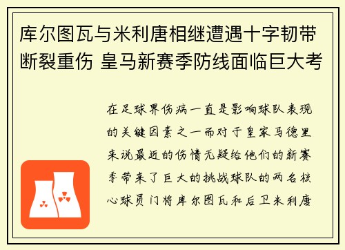 库尔图瓦与米利唐相继遭遇十字韧带断裂重伤 皇马新赛季防线面临巨大考验 库尔图瓦与米利唐相继遭遇十字韧带断裂重伤 皇马新赛季防线面临巨大考验